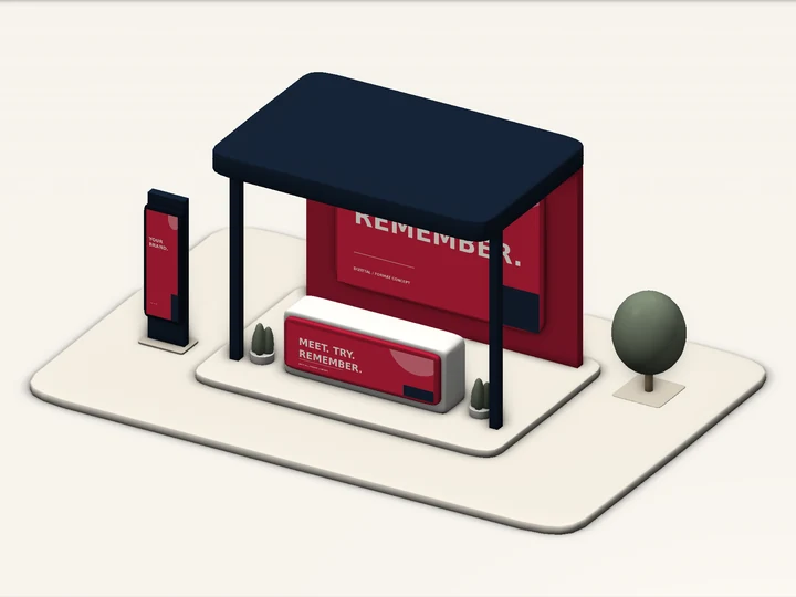 Branded activation-kiosk concept with a counter and display