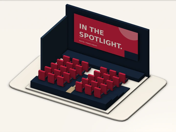Cutaway cinema concept with red seats and an illustrated advertising screen