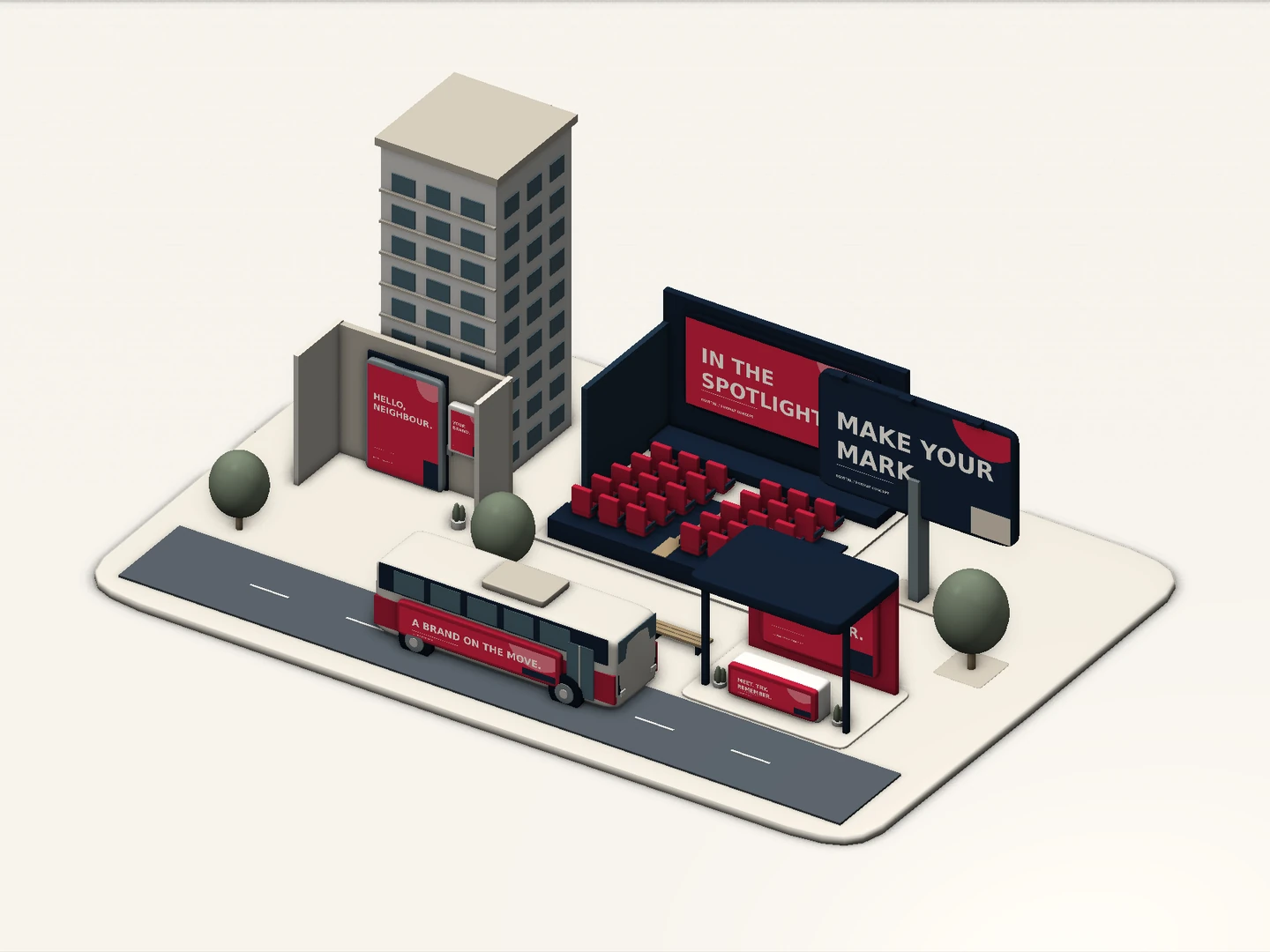Conceptual miniature advertising district with a lift lobby, cinema, billboard, bus and activation kiosk