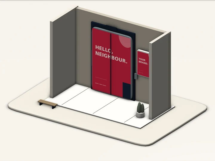 Lift-door vinyl and framed lobby-poster concept in a miniature residential lift lobby