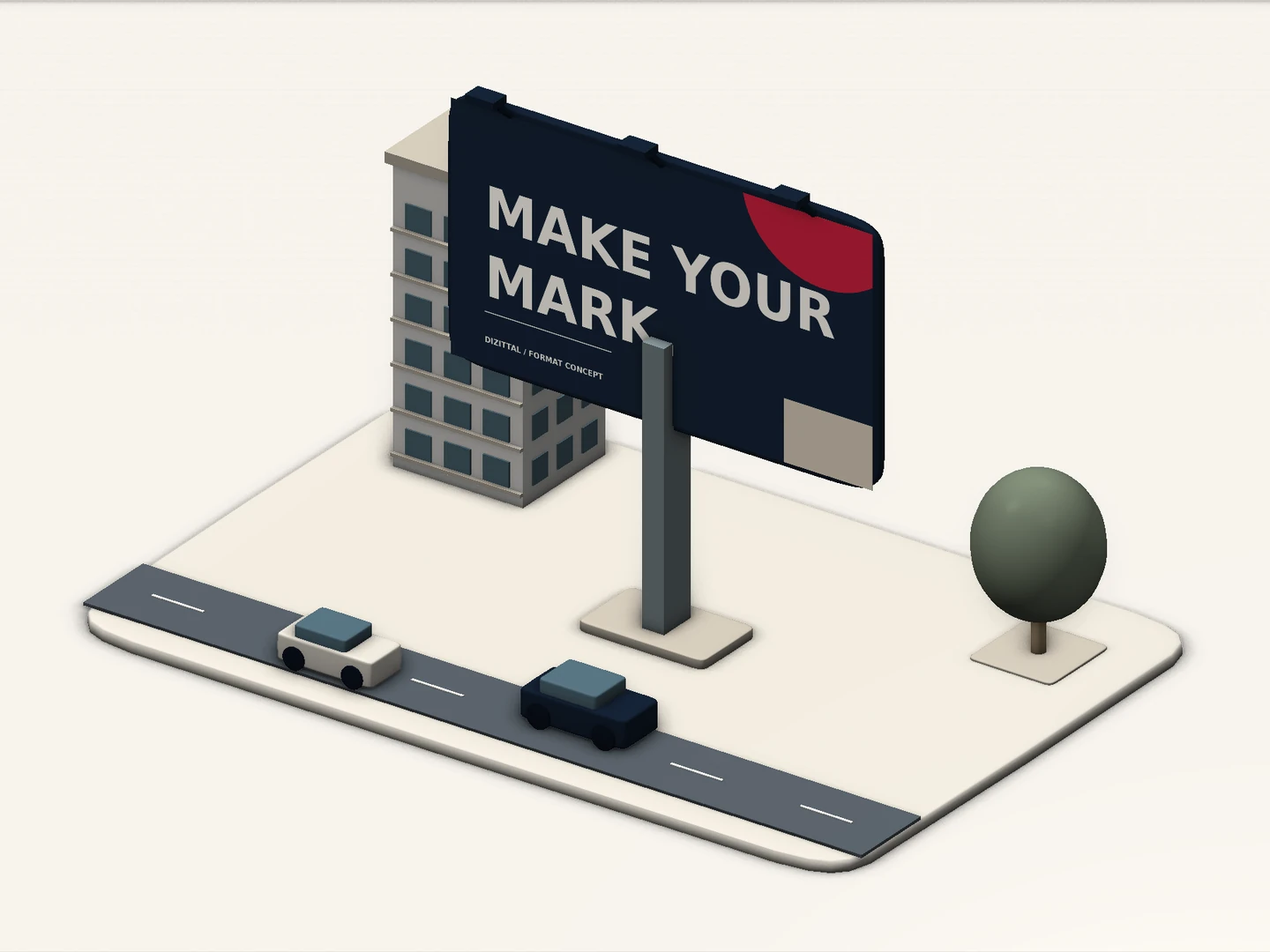 Outdoor billboard concept beside a miniature road and building