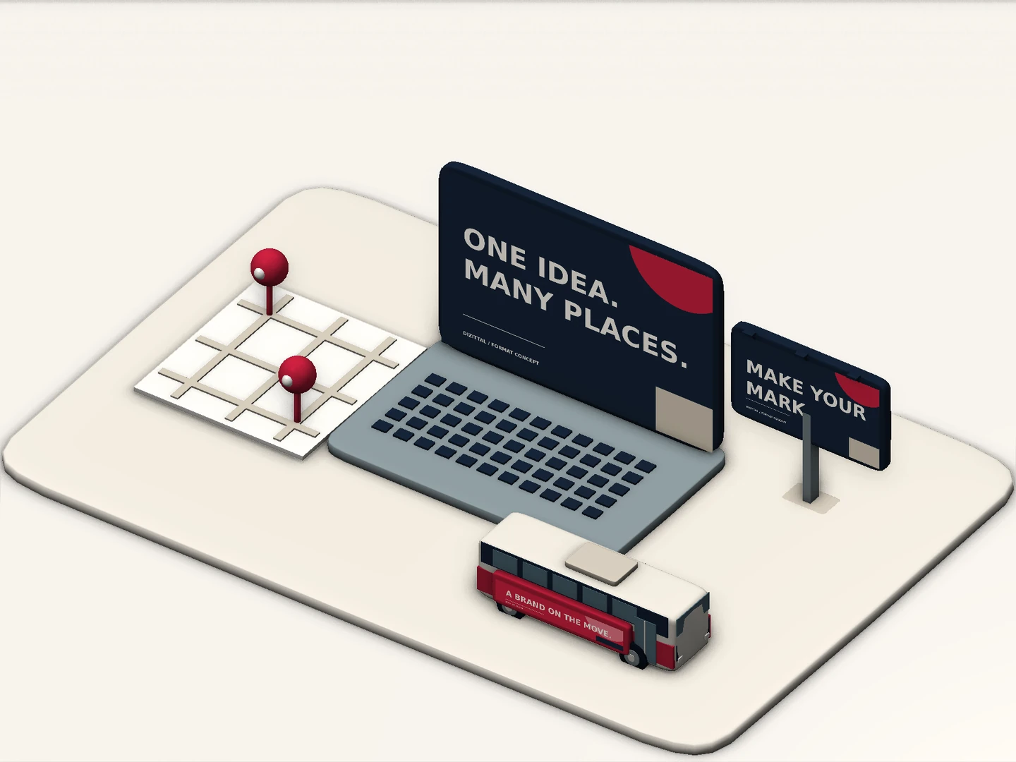 Media-planning concept with a laptop, location pins and miniature advertising formats