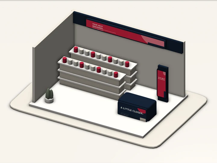Retail-branding concept with product shelves, display screen and branded counter