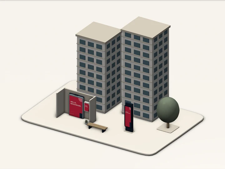 Residential-community concept with towers, a lift lobby and an advertising screen