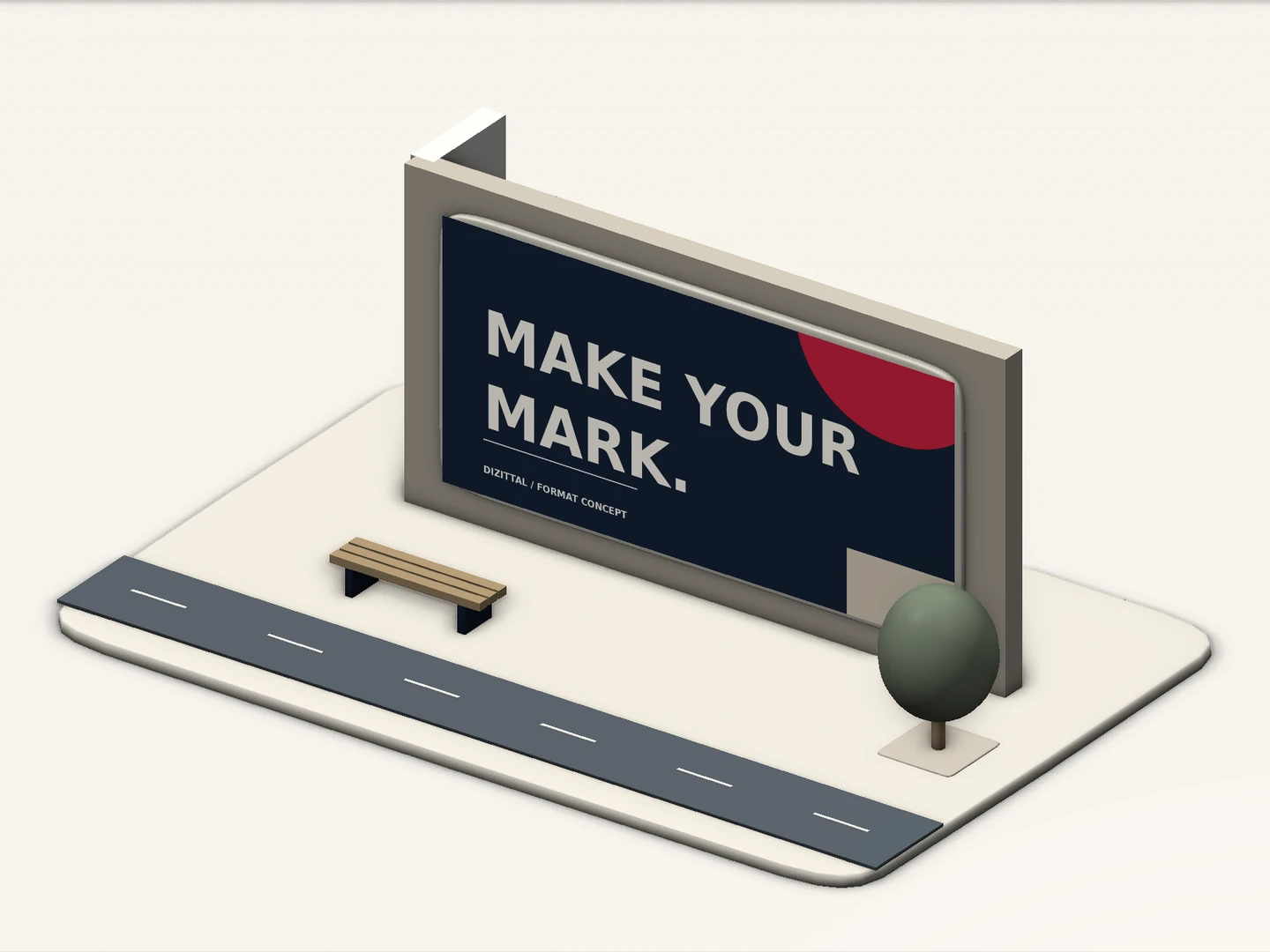 Painted-wall advertising concept beside a miniature streetscape