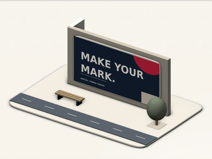 Painted-wall advertising concept beside a miniature streetscape